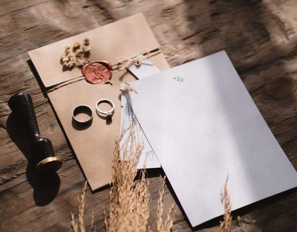 Invitasjon til bryllup, sammen med andre trykksaker ligger på et trebord.