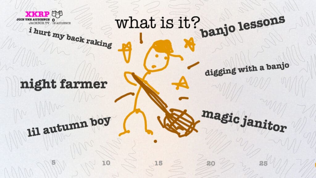 En doodle av en mann som holder en banjo i Jackbox Drawful bryllupslek