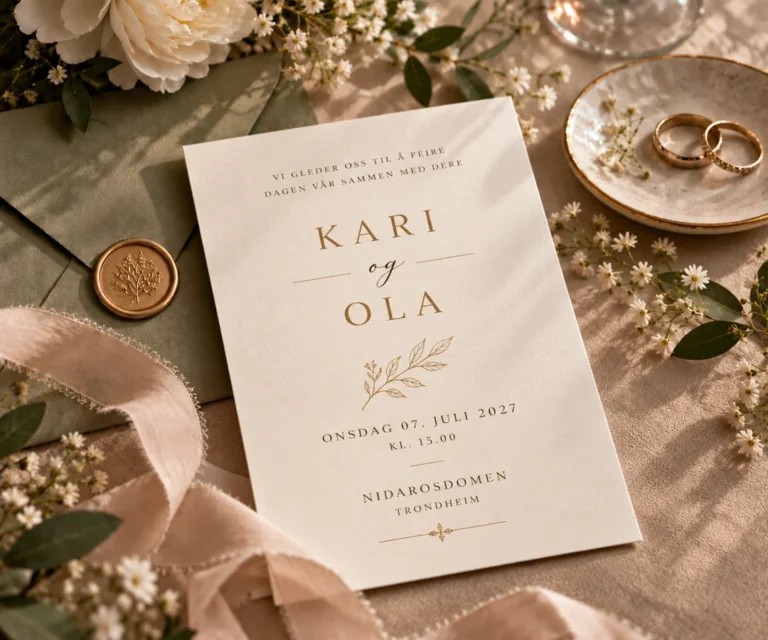 Elegant bryllupsinvitasjon til Kari og Ola med gullskrift, omgitt av hvite blomster, gifteringer og silkebånd.