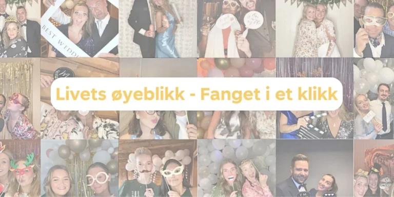 Collage av folk som tar selfies med photobooth Minselfie med slagordet "Livets øyeblikk - Fanget i et klikk"