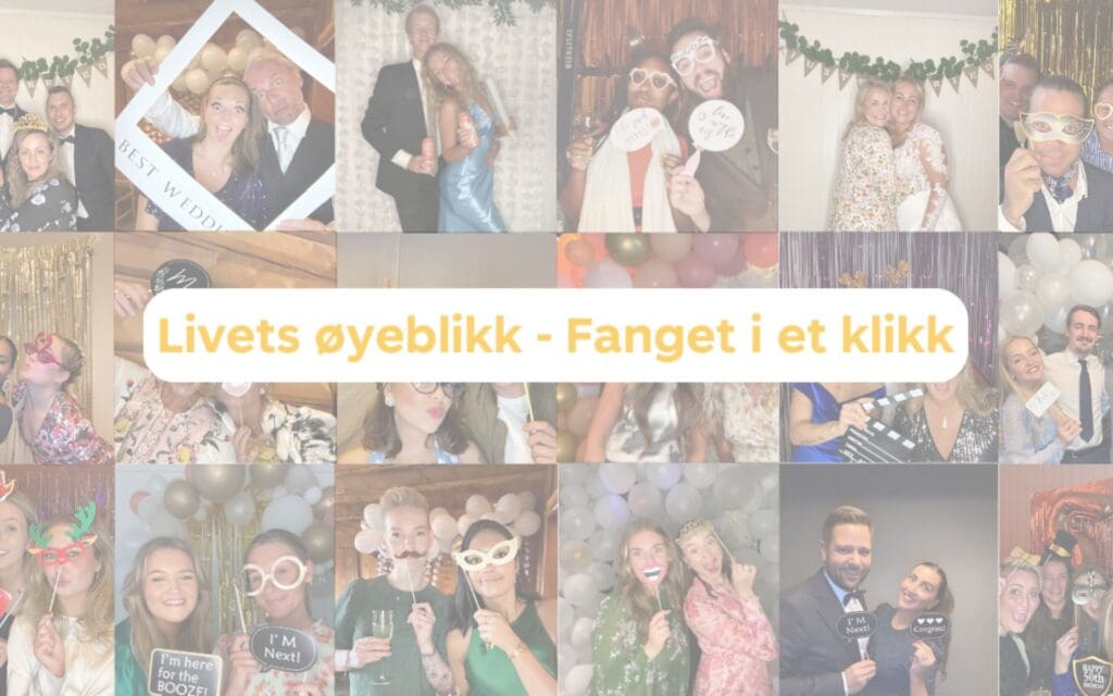 Collage av folk som tar selfies med photobooth Minselfie med slagordet "Livets øyeblikk - Fanget i et klikk"