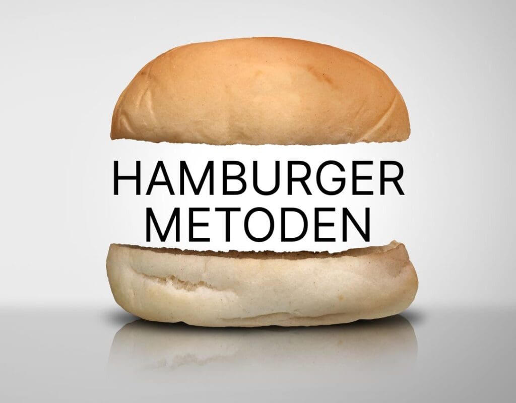 To burgerbrød med teksten "hamburgermetoden" i midten som representerer en måte å kommunisere på