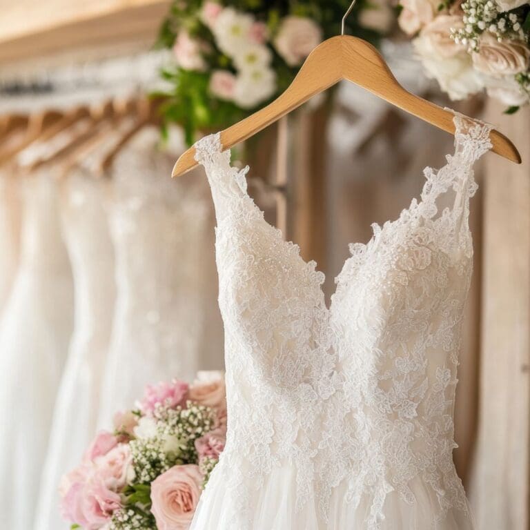 Nærbilde av en brudekjole med blonder som representerer brudekjoler i 2026 og trendene for det året