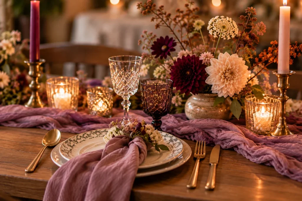 Bryllupsbord med lilla tekstiler, ulike glass, messingdetaljer, levende lys og blomster i dype farger