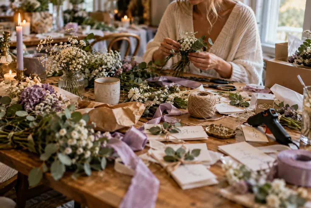 DIY bryllup med hjemmelaget pynt, blomster og bordkort